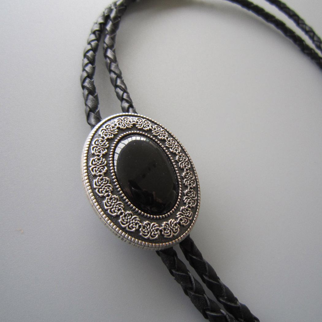 Vintage Silver Black Agate Stone Oval Bolo Tie With Braided Leather Rope BOLOTIE-009SL