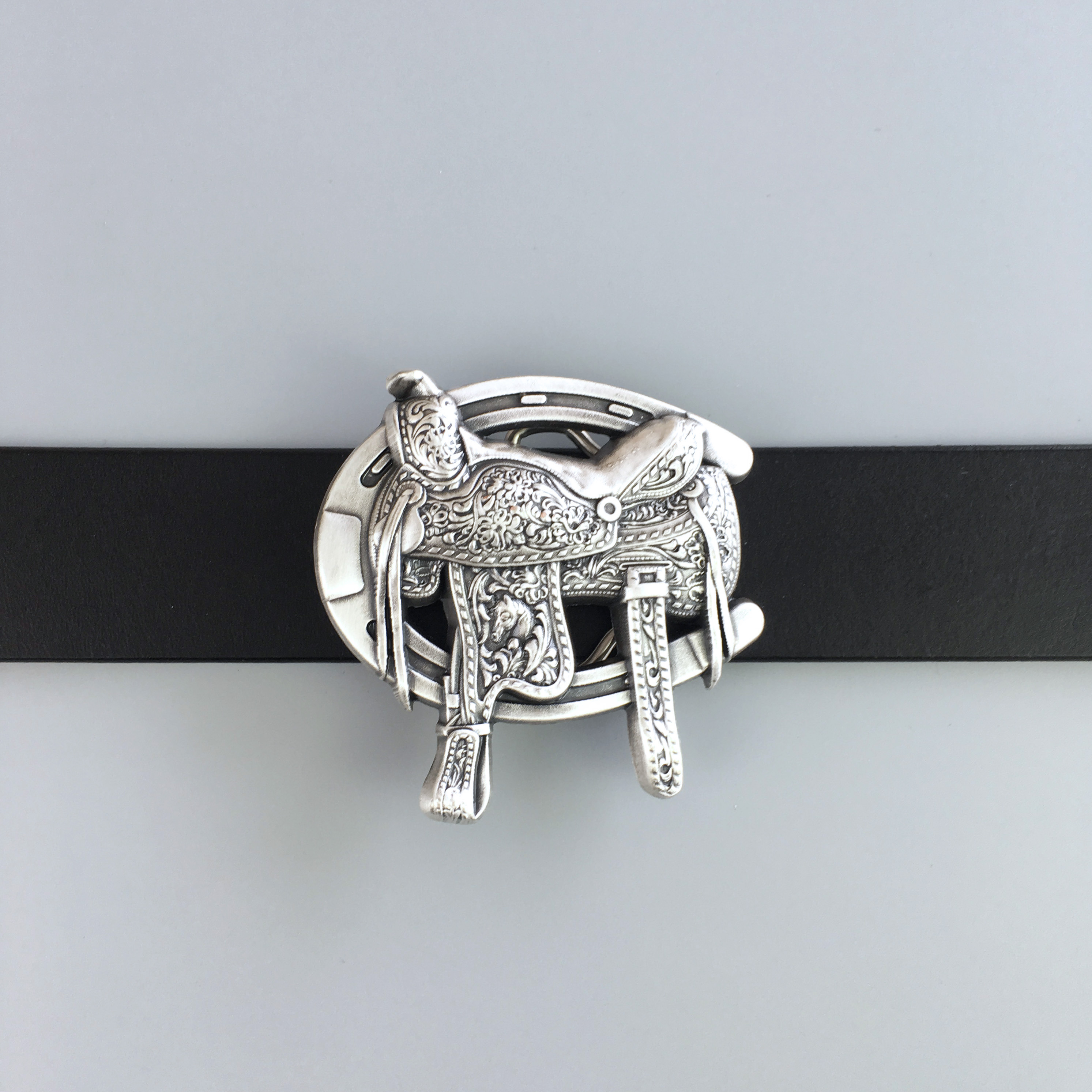 Vintage Silver Plated Saddle Horse Shoe Western Cowboy Cowgirl Belt Buckle