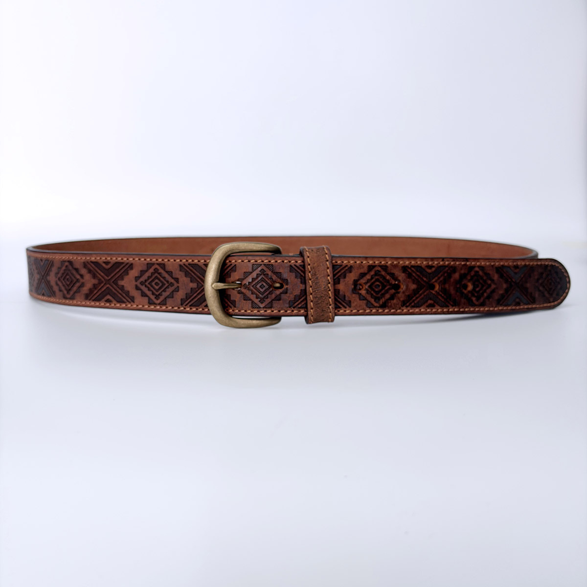 Western Southwest Laser Engrave Brown Genuine Leather Belt With Solid Brass Pin Buckle BELT1-027ZW