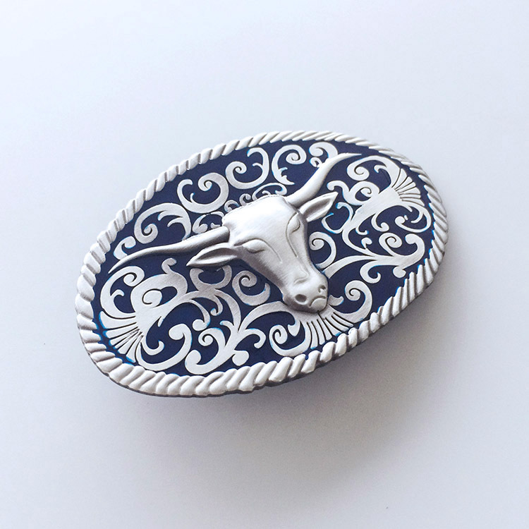 Classic Vintage Blue Enamel Longhorn Bull Western Oval Belt Buckle Gurtelschnalle Boucle de ceinture