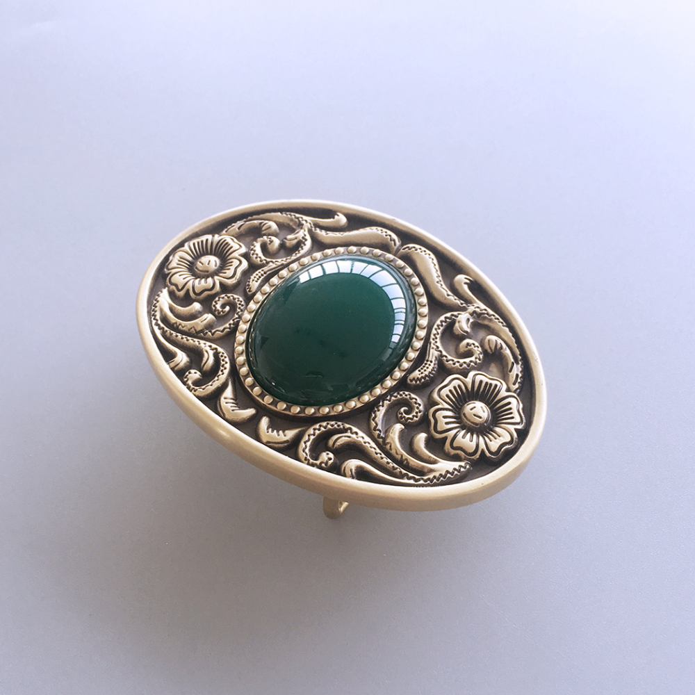 New Western Flower Stone Oval Solid Brass Belt Buckle BUCKLE-BT009