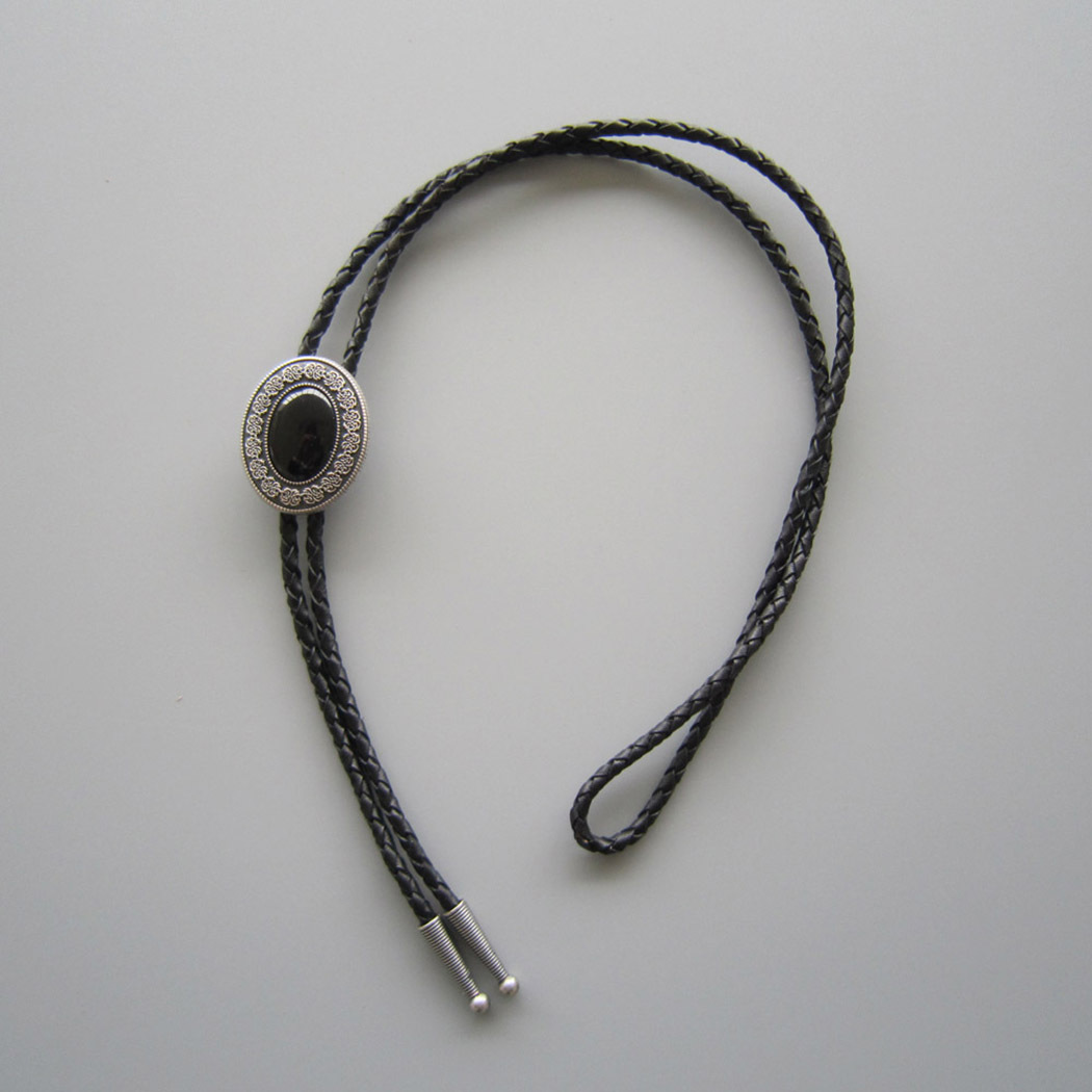 Vintage Silver Black Agate Stone Oval Bolo Tie With Braided Leather Rope BOLOTIE-009SL