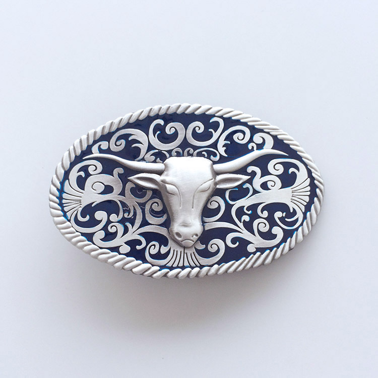 Classic Vintage Blue Enamel Longhorn Bull Western Oval Belt Buckle Gurtelschnalle Boucle de ceinture