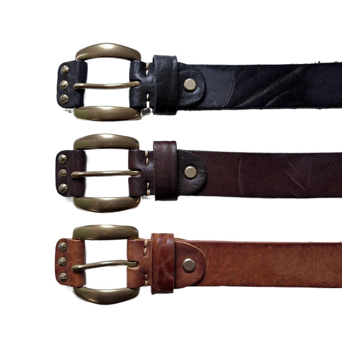 Copper Rivets Black Genuine Leather Belt With Brass Pin Buckle BELT1-019BK