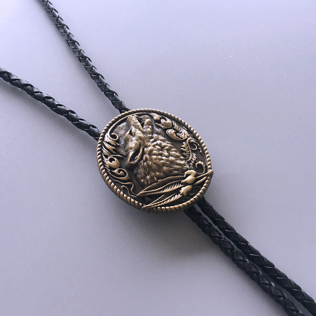 Vintage Bronze Plated Western Wolf Bolo Tie Wedding Leather Necklace BOLOTIE-WT013AB