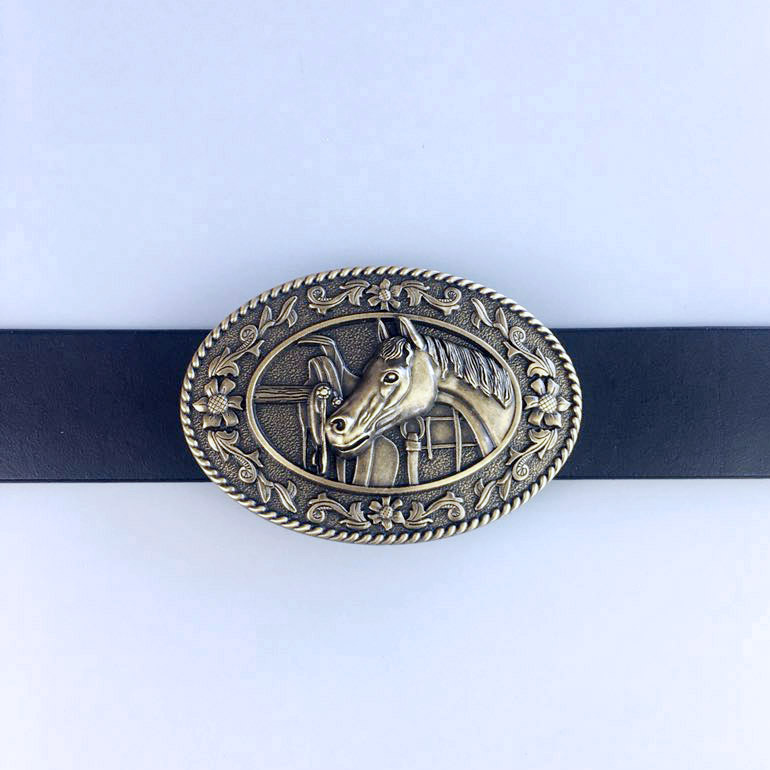 New Vintage Bronze Plated Horse Head Saddle Western Oval Belt Buckle Gurtelschnalle Boucle de ceinture BUCKLE-WT089AB