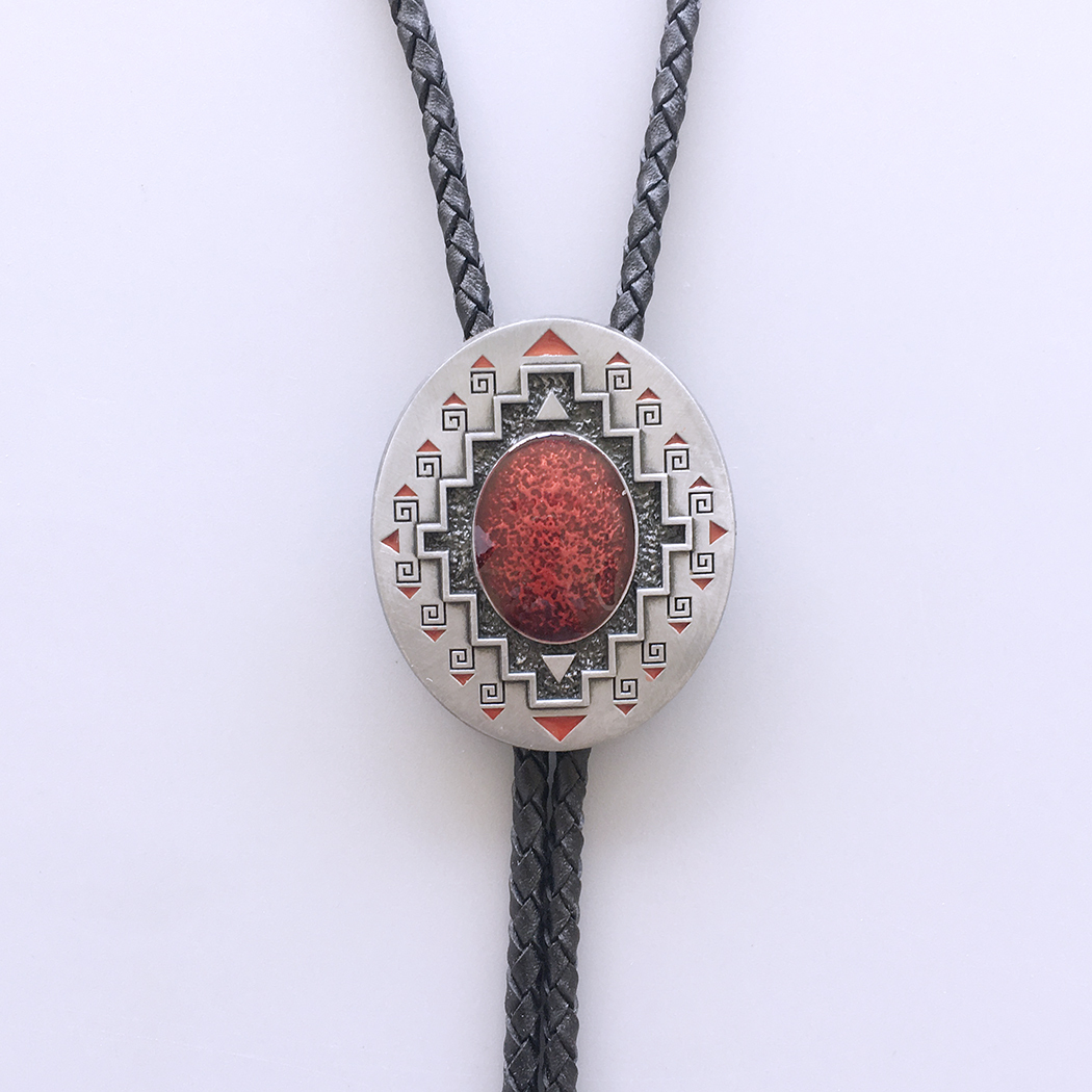 Antique Brushed Silver Southwest Pattern Oval Bolo Tie BOLOTIE-001