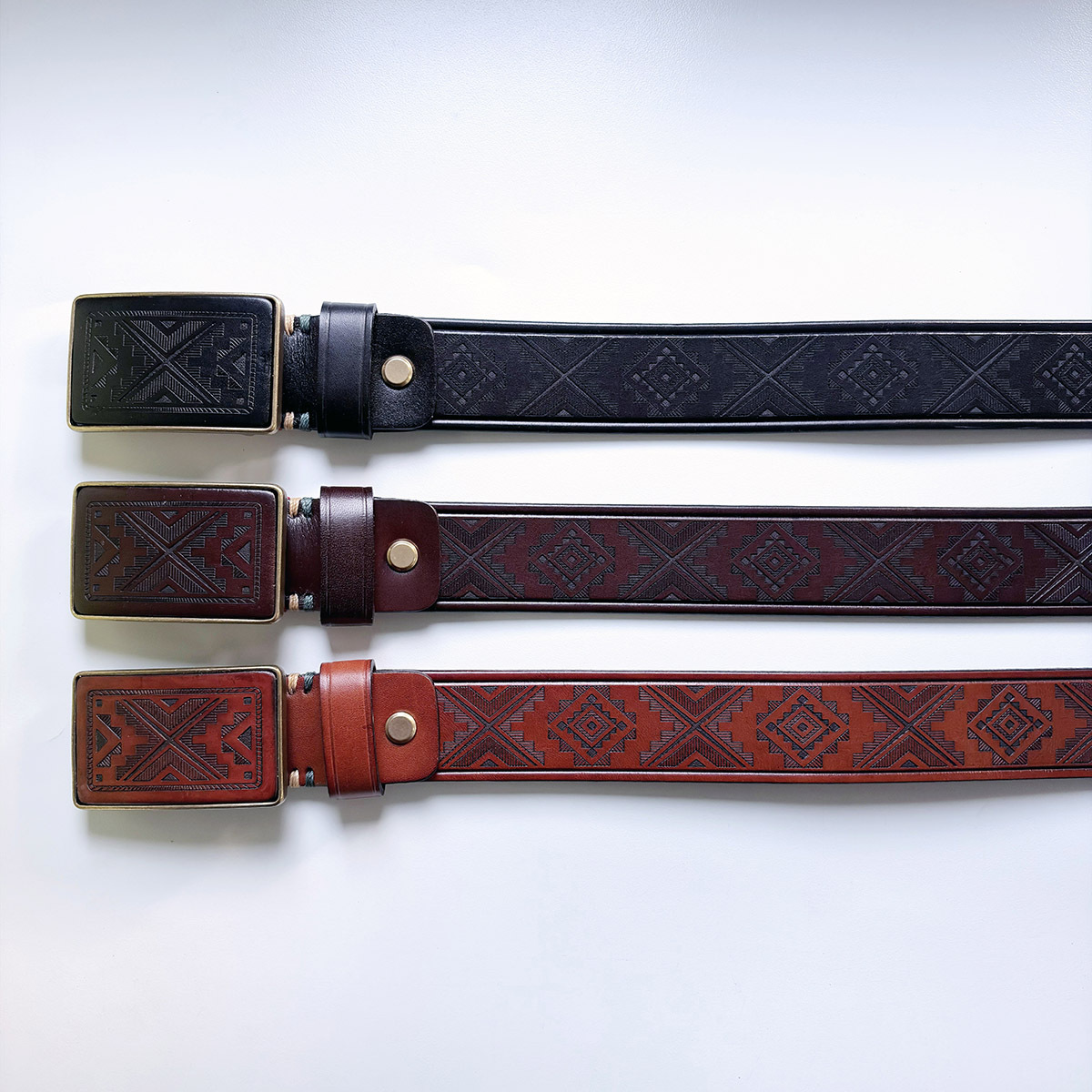 Western Southwest Laser Engrave Black Genuine Leather Belt With Solid Brass Buckle BELT1-028BK