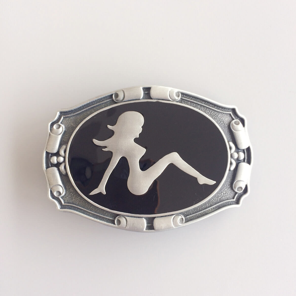 Antique Silver Truck Mud Flap Girl Enamel Belt Buckle also Stock in the US BUCKLE-CA024