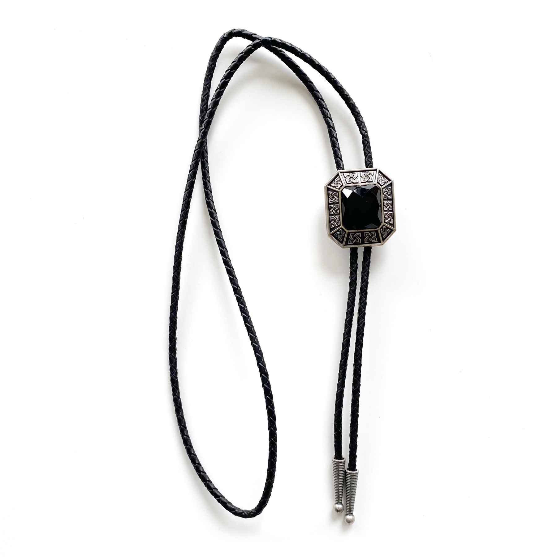 Vintage Silver Western Celtic With Black Agate Stone Bolo Tie BOLOTIE-021BK