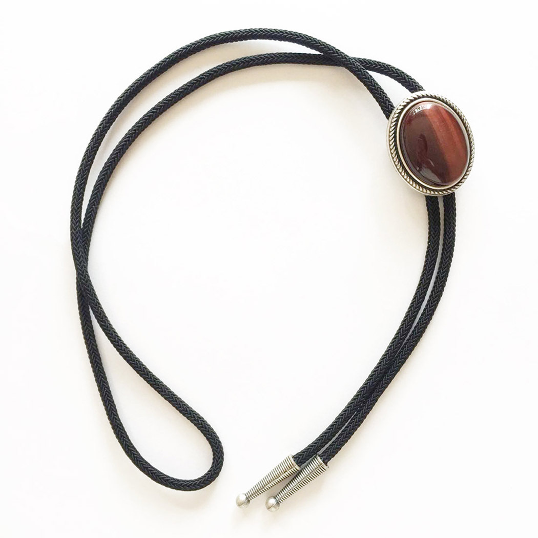 Red Tiger Eye Stone Western Oval Bolo Tie With Braided Fiber Rope BOLOTIE-024SK