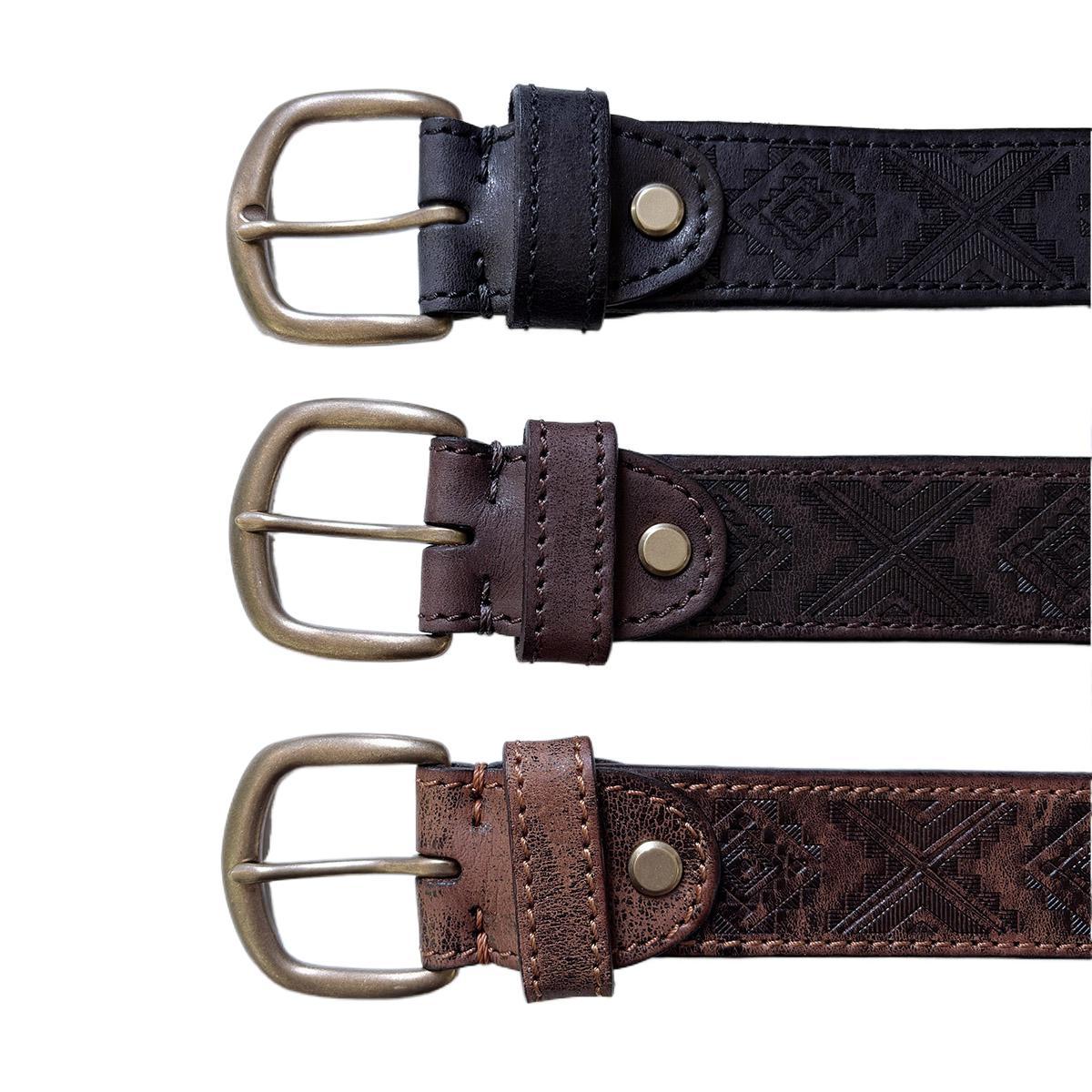 Western Southwest Laser Engrave Black Genuine Leather Belt With Solid Brass Pin Buckle BELT1-027BK