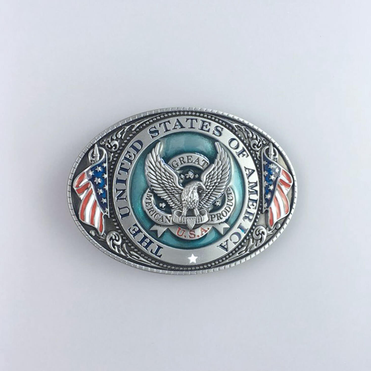 Anitique Silver Plated Enamel Great US Eagle Flag Oval Belt Buckle