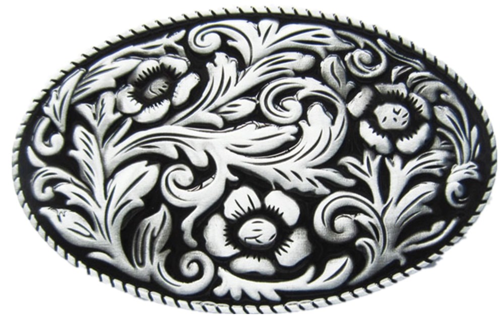 Vintage Black Enamel Cowboy Cowgirl Flower Oval Western Belt Buckle Gurtelschnalle Boucle de ceinture
