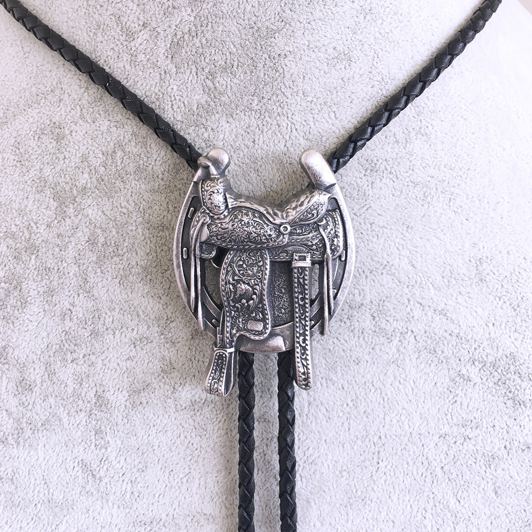 Vintage Silver Saddle Horseshoe Cowboy Cowgirl Bolo Tie BOLOTIE-006
