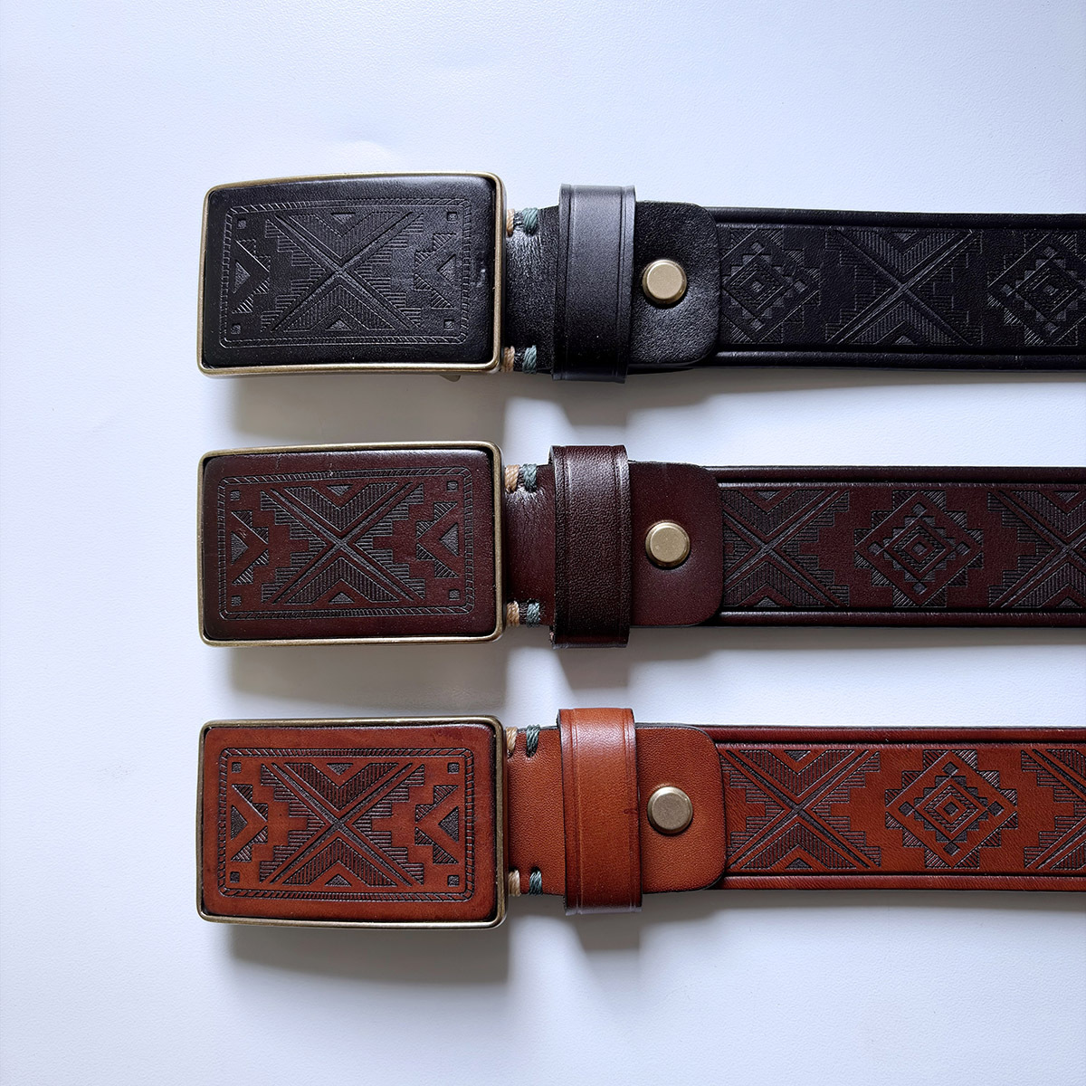 Western Southwest Laser Engrave Black Genuine Leather Belt With Solid Brass Buckle BELT1-028BK