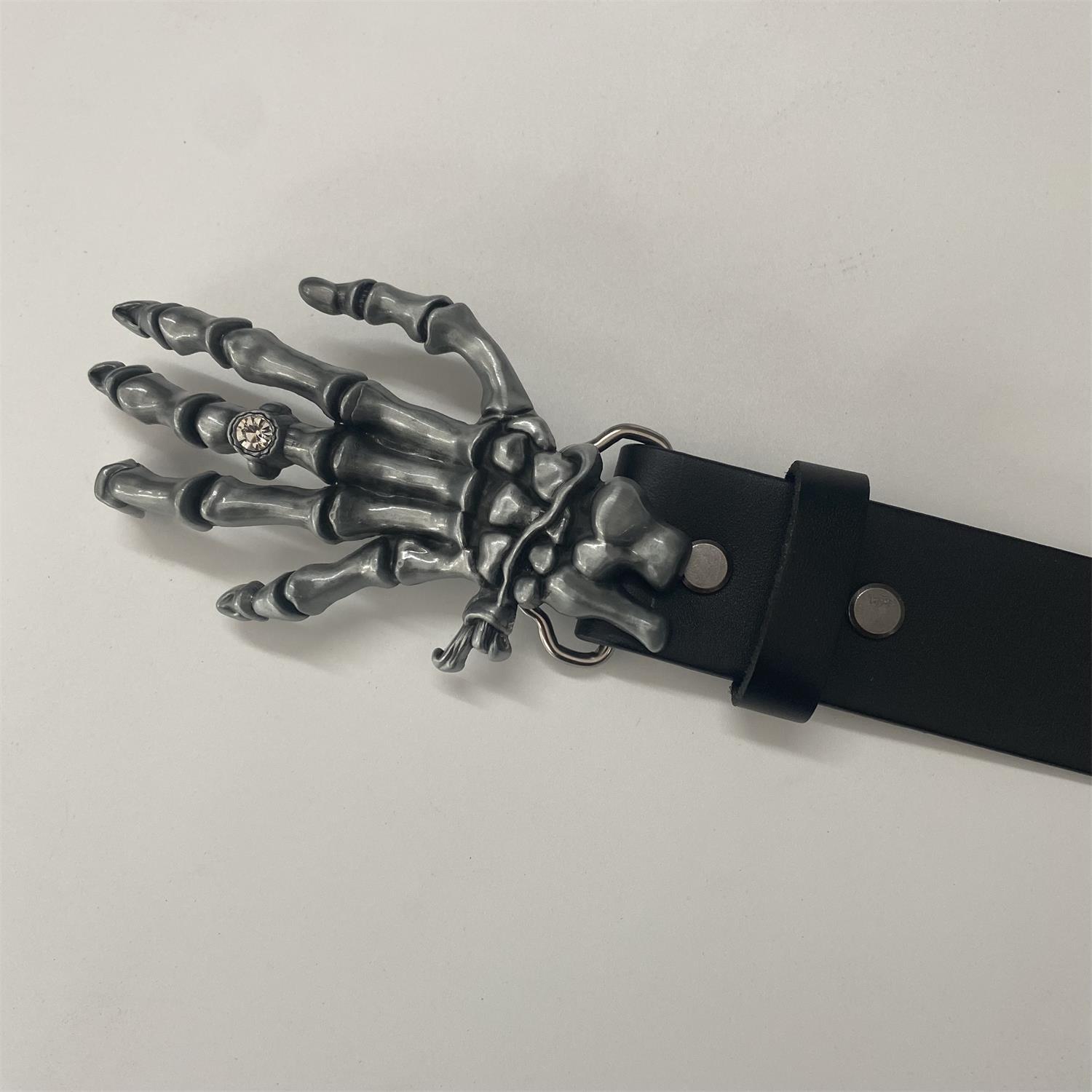 Vintage Style Skull Hand Belt Buckle With Black Genuine Leather Belt BELT-014BK-SK046