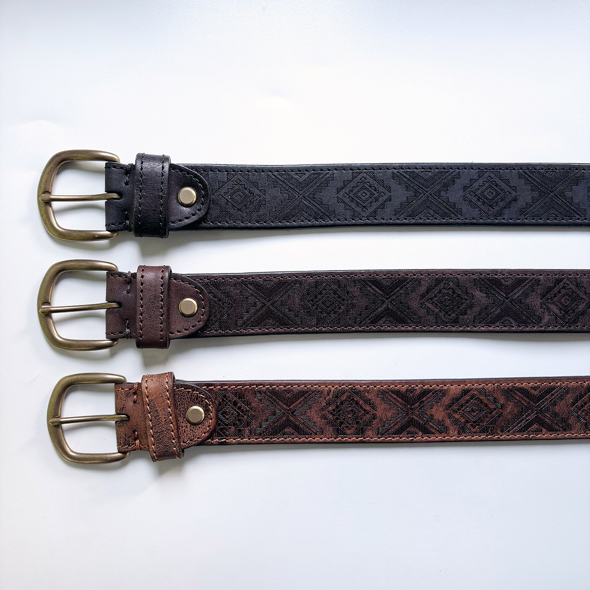 Western Southwest Laser Engrave Black Genuine Leather Belt With Solid Brass Pin Buckle BELT1-027BK