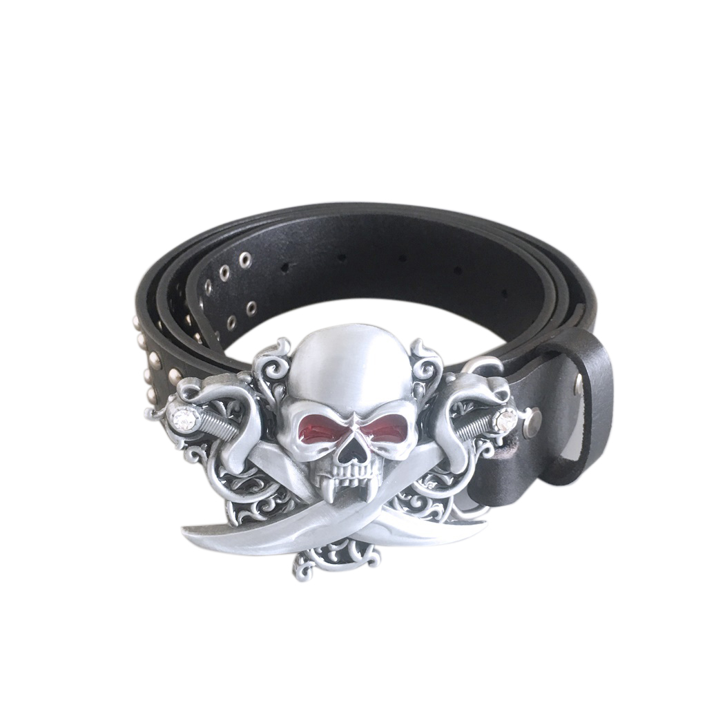 Gothic Skull Belt Buckle With Black Studded Genuine Leather Belt BELT-006BK-SK015