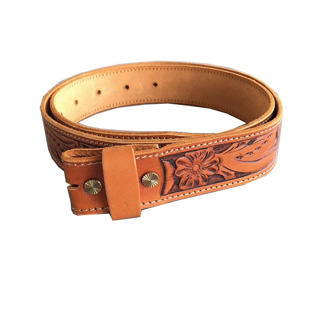 Light Coffee Hand Crafted Western Flowers Solid Real Leather Belt With Brass Screws BELT1-003LW