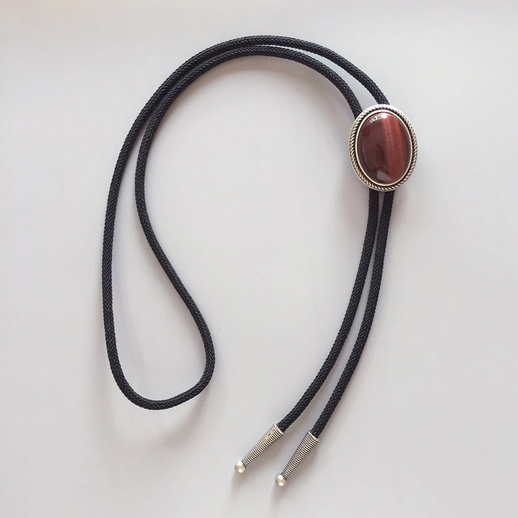 Red Tiger Eye Stone Western Oval Bolo Tie With Braided Fiber Rope BOLOTIE-024SK