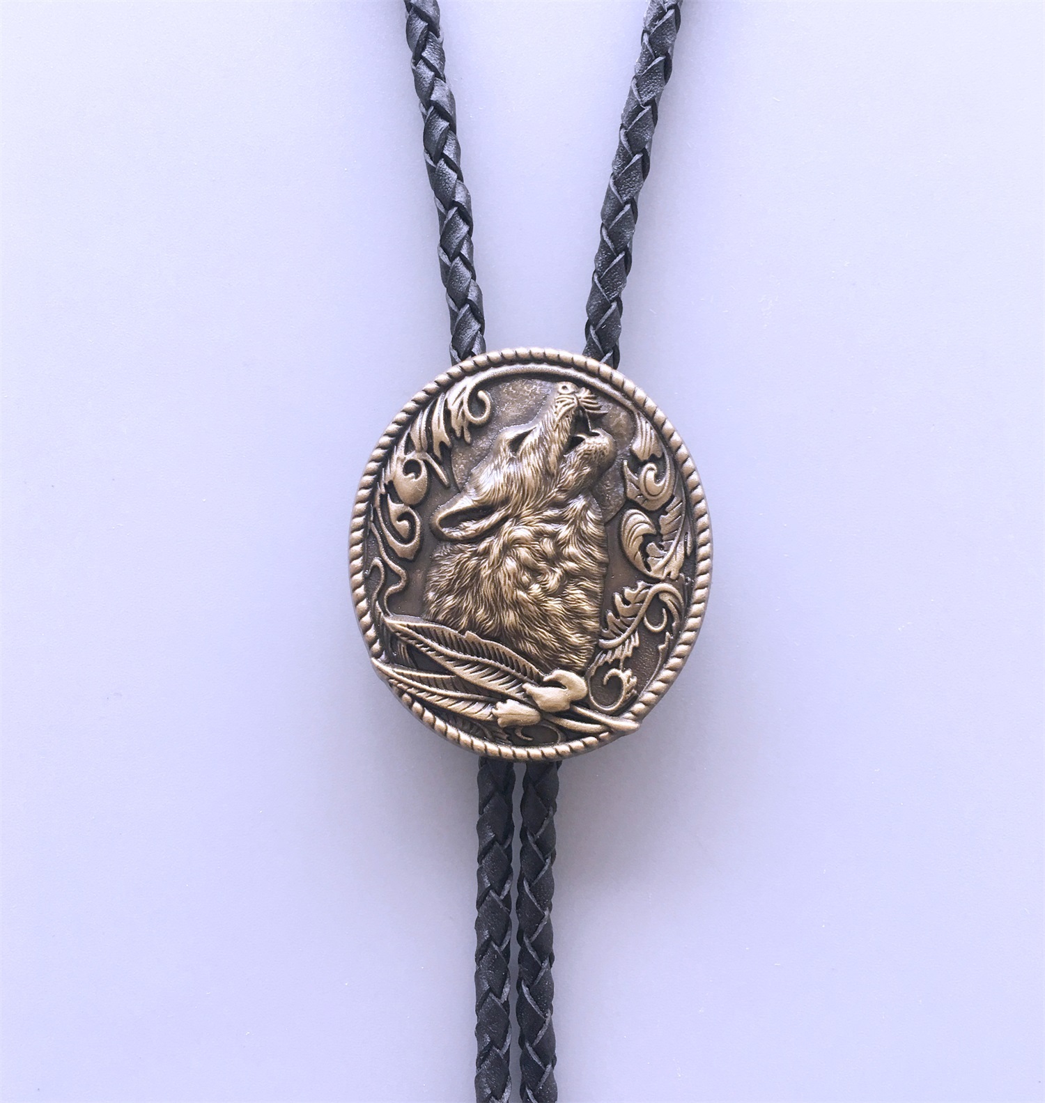 Vintage Bronze Plated Western Wolf Bolo Tie Wedding Leather Necklace BOLOTIE-WT013AB