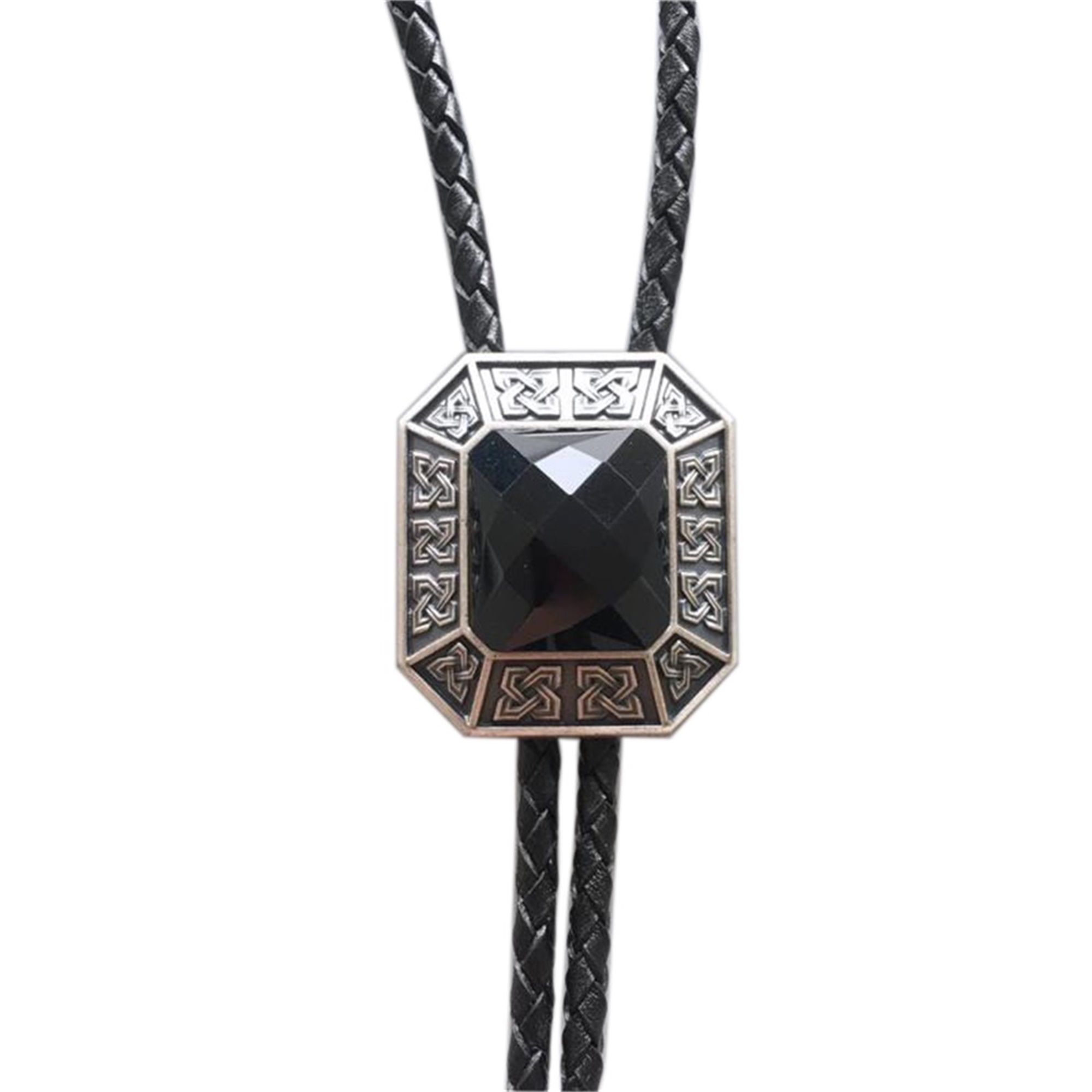 Vintage Silver Western Celtic With Black Agate Stone Bolo Tie BOLOTIE-021BK