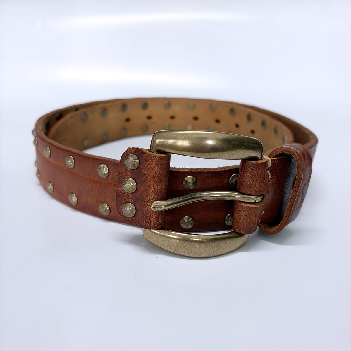 Copper Rivets Brown Genuine Leather Belt With Brass Pin Buckle BELT1-019ZW