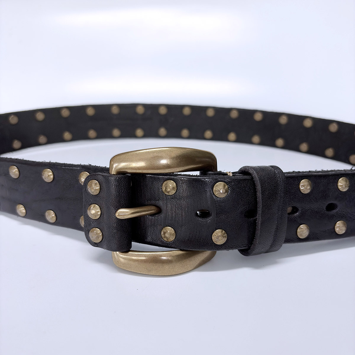 Copper Rivets Black Genuine Leather Belt With Brass Pin Buckle BELT1-019BK