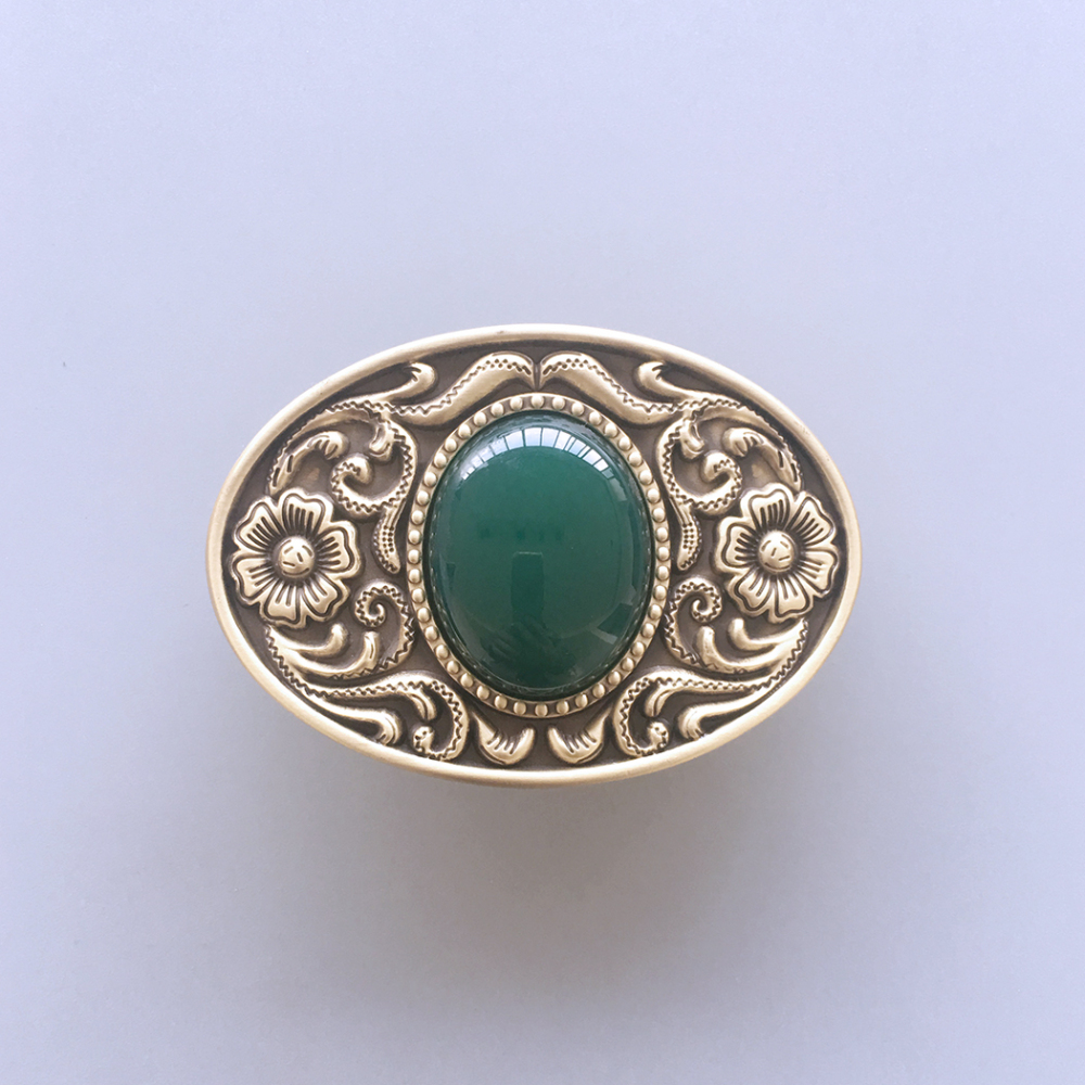 New Western Flower Stone Oval Solid Brass Belt Buckle BUCKLE-BT009