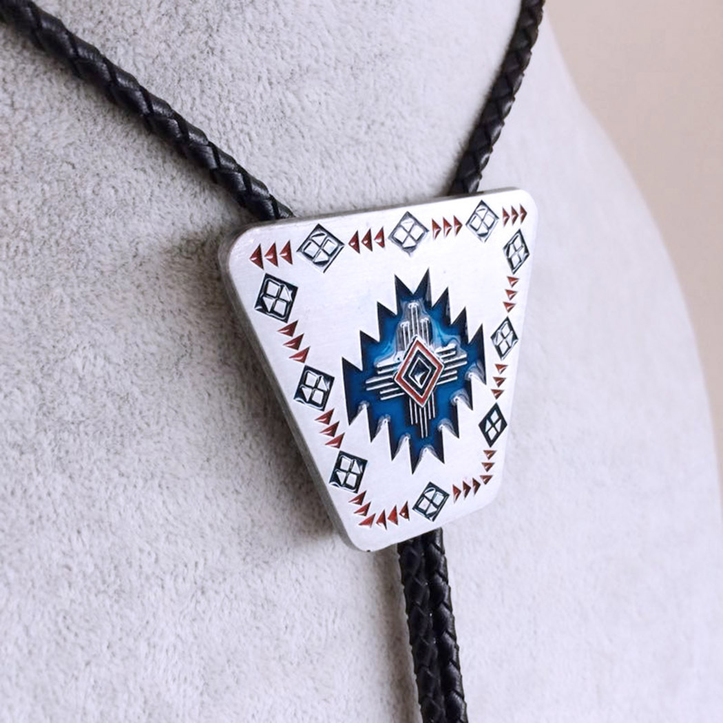 Antique Silver Enamel Western Southwest Totem Bolo Tie BOLOTIE-003