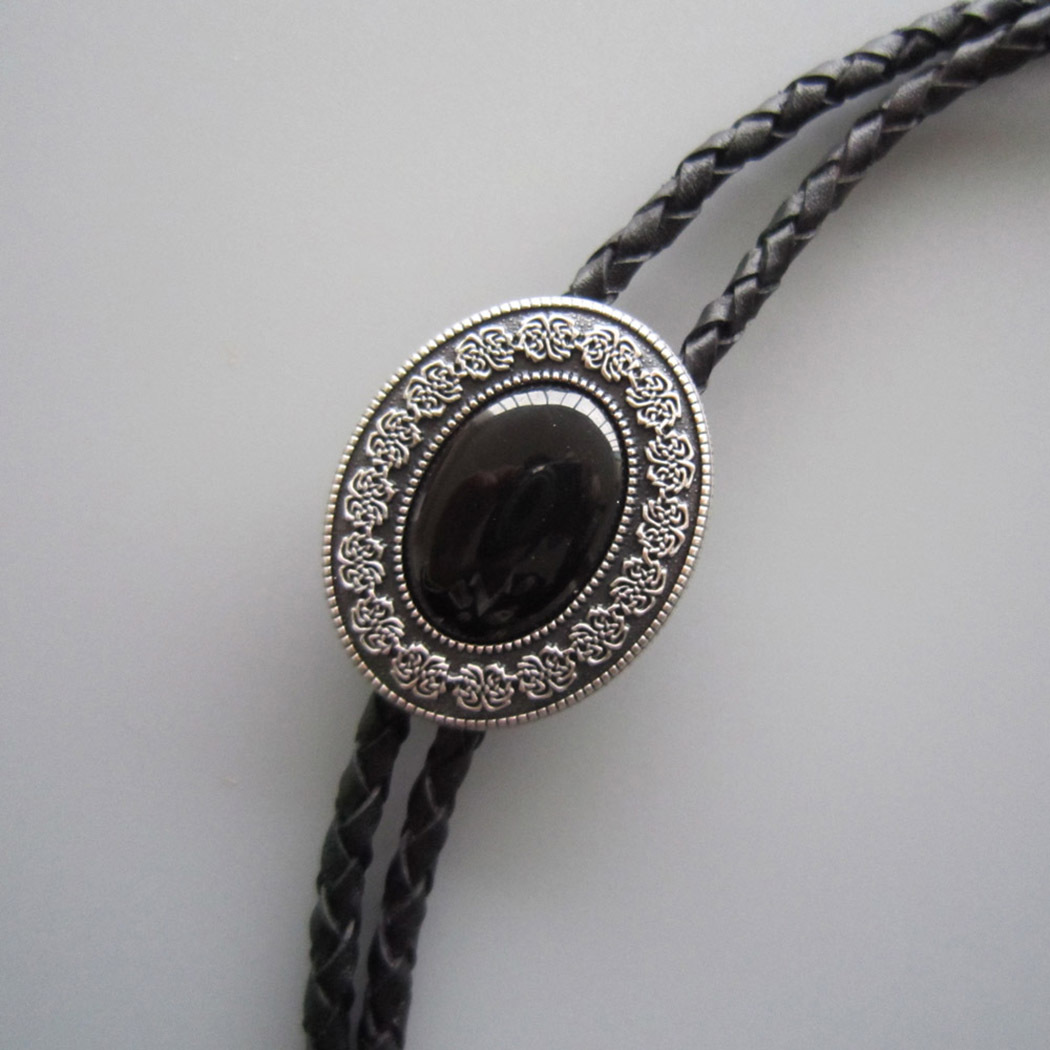 Vintage Silver Black Agate Stone Oval Bolo Tie With Braided Leather Rope BOLOTIE-009SL