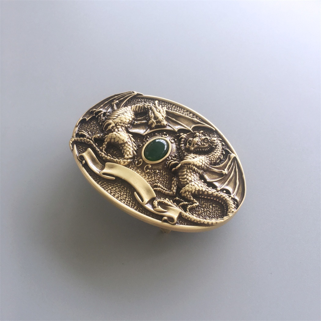 Twin Dragon Oval Solid Brass Belt Buckle