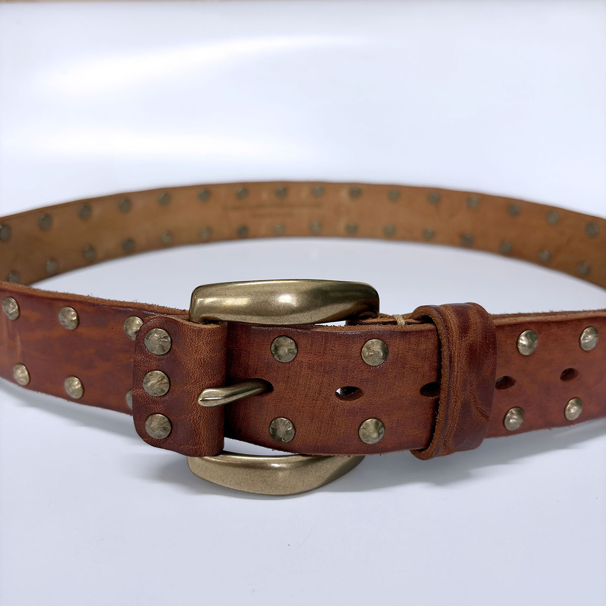 Copper Rivets Brown Genuine Leather Belt With Brass Pin Buckle BELT1-019ZW