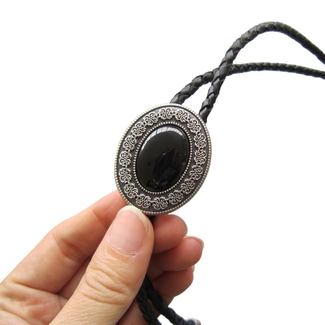 Vintage Silver Black Agate Stone Oval Bolo Tie With Braided Leather Rope BOLOTIE-009SL