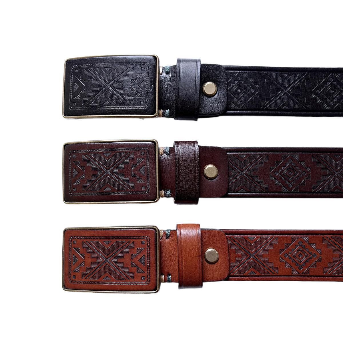 Western Southwest Laser Engrave Black Genuine Leather Belt With Solid Brass Buckle BELT1-028BK