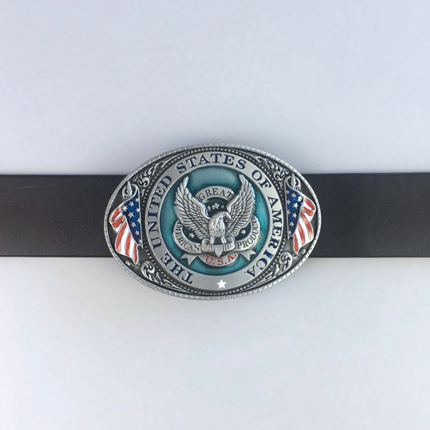 Anitique Silver Plated Enamel Great US Eagle Flag Oval Belt Buckle