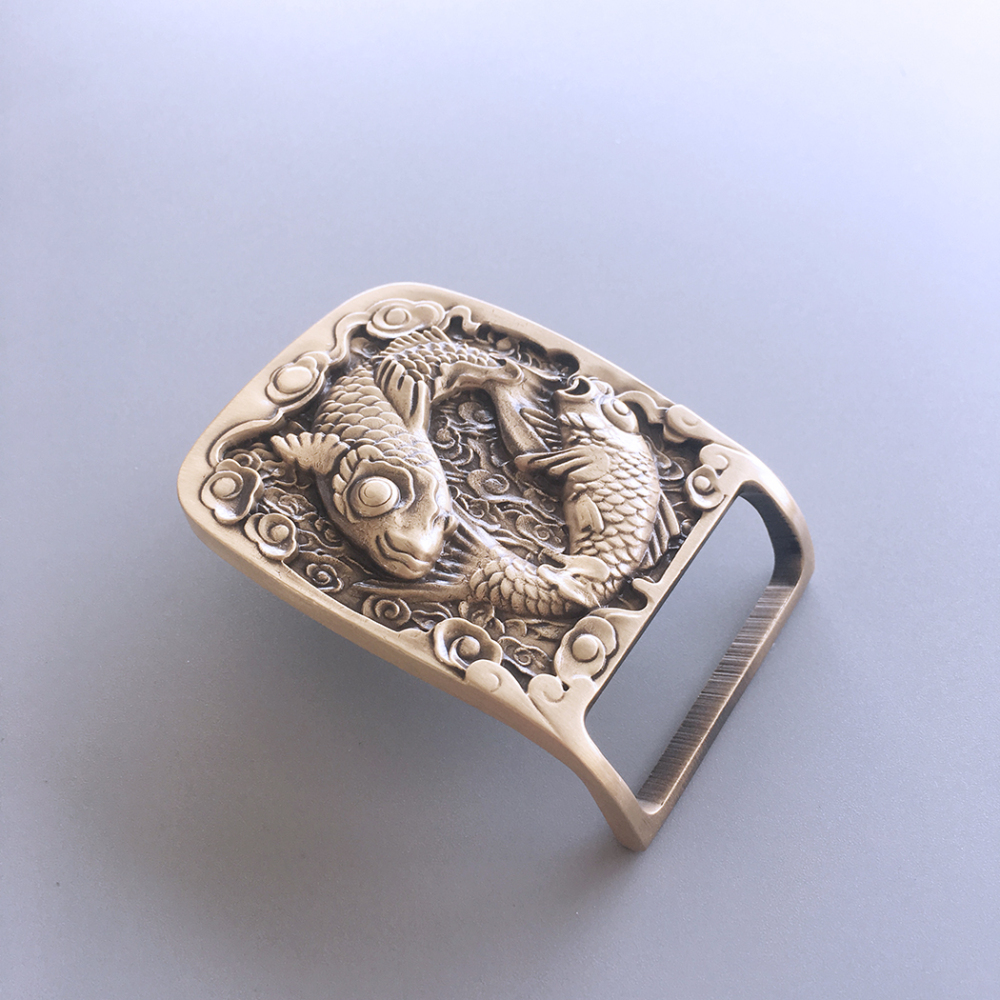 Double Fishes Rectangle Solid Brass Belt Buckle BUCKLE-BS012