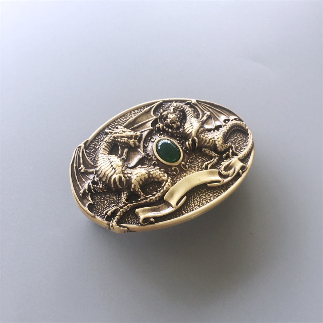 Twin Dragon Oval Solid Brass Belt Buckle