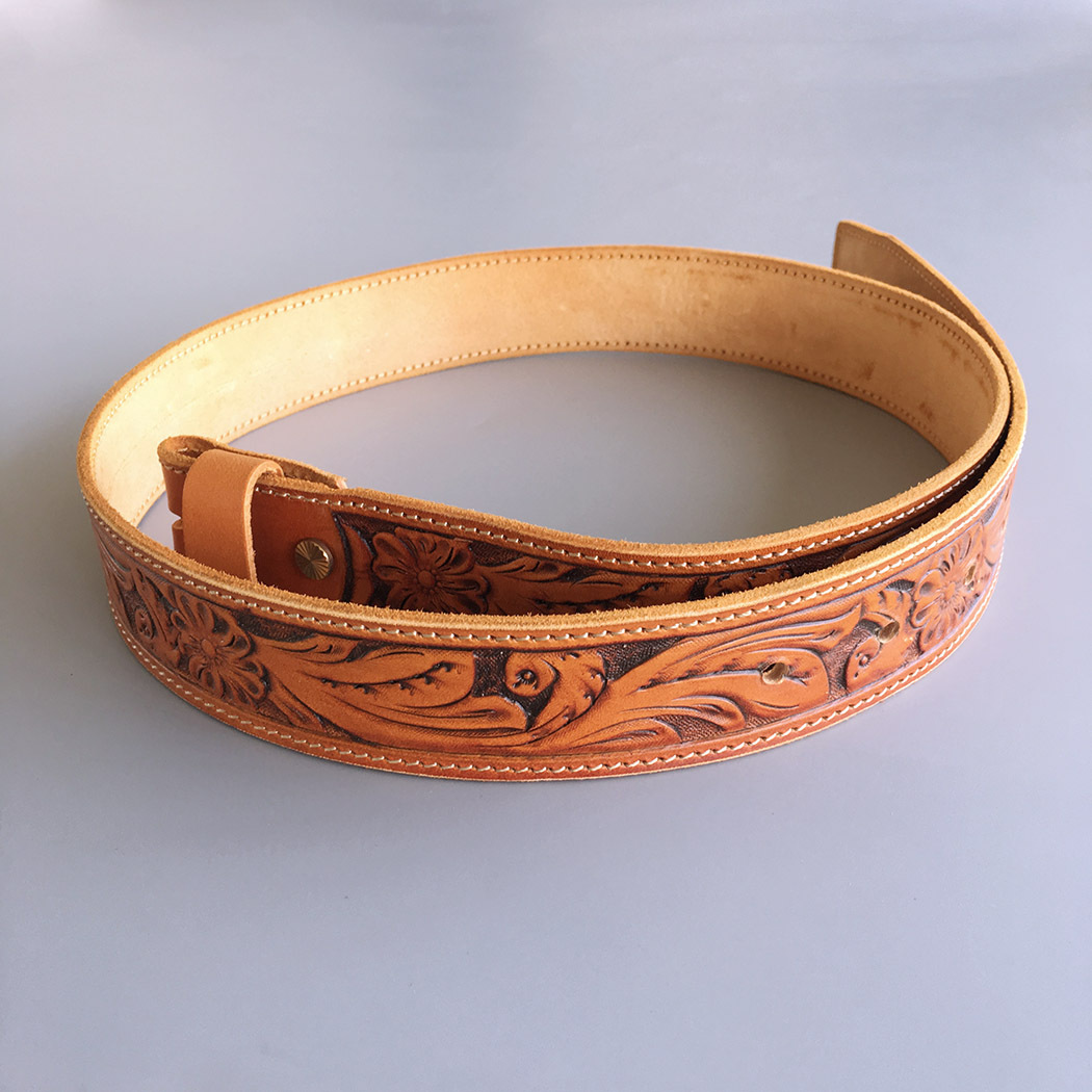 Light Coffee Hand Crafted Western Flowers Solid Real Leather Belt With Brass Screws BELT1-003LW