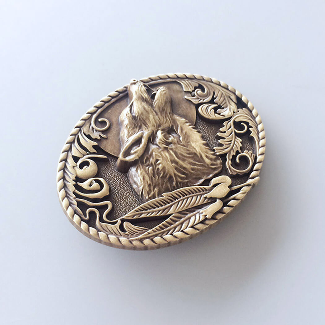 Antique Bronze Plated Howling Wolf Western Metal Oval Belt Buckle also Stock in the US BUCKLE-WT013AB