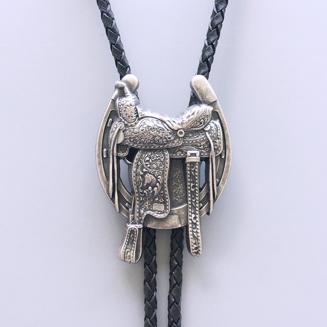 Vintage Silver Saddle Horseshoe Cowboy Cowgirl Bolo Tie BOLOTIE-006