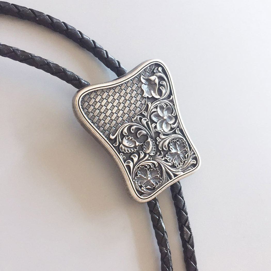 Vintage Silver Carved Flower Western Cowboy Cowgirl Bolo Tie BOLOTIE-023