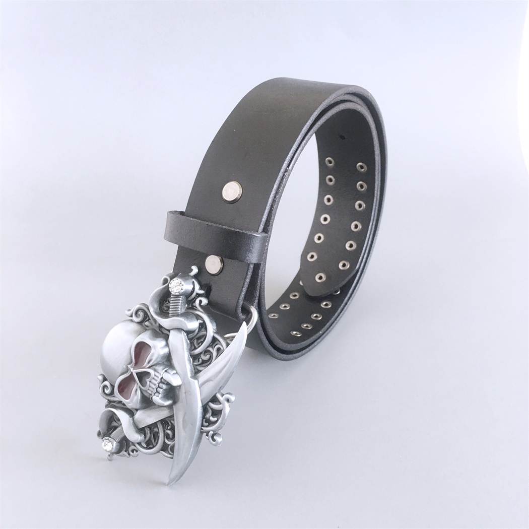 Gothic Skull Belt Buckle With Black Studded Genuine Leather Belt BELT-006BK-SK015
