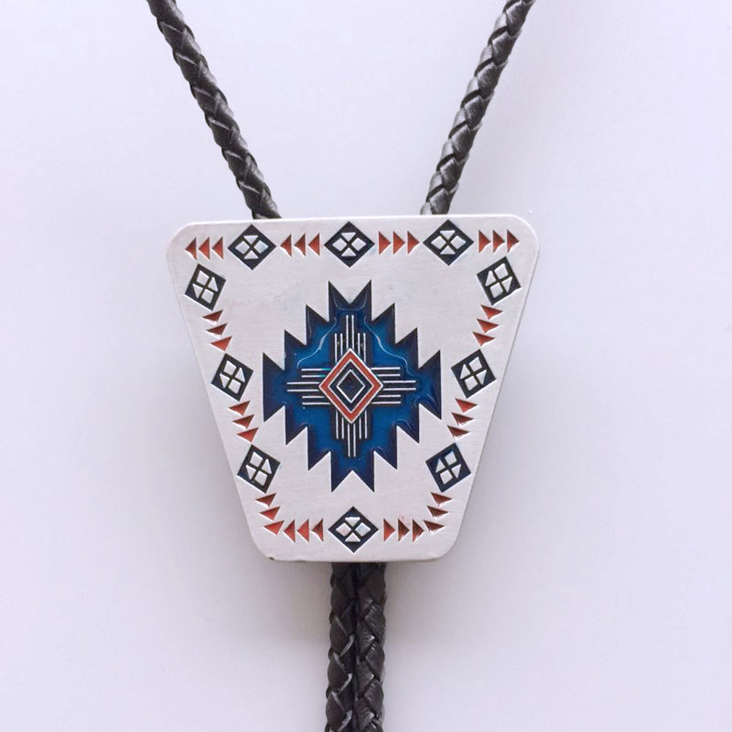 Antique Silver Enamel Western Southwest Totem Bolo Tie BOLOTIE-003