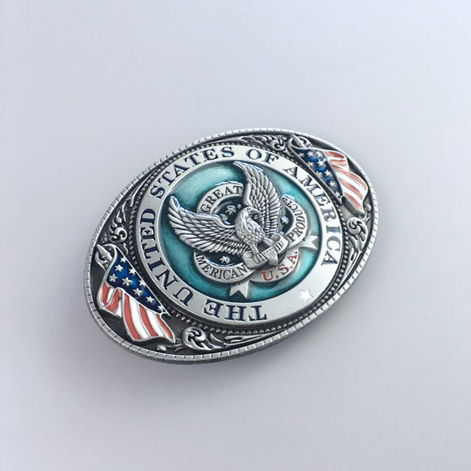 Anitique Silver Plated Enamel Great US Eagle Flag Oval Belt Buckle