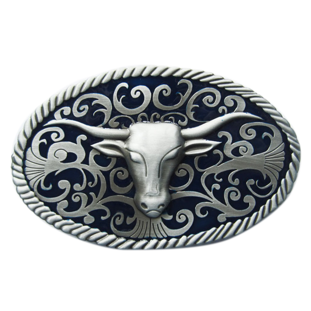 Classic Vintage Blue Enamel Longhorn Bull Western Oval Belt Buckle Gurtelschnalle Boucle de ceinture