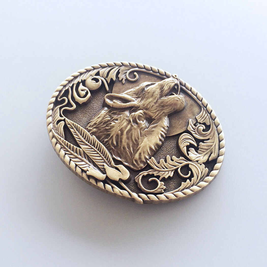 Antique Bronze Plated Howling Wolf Western Metal Oval Belt Buckle also Stock in the US BUCKLE-WT013AB