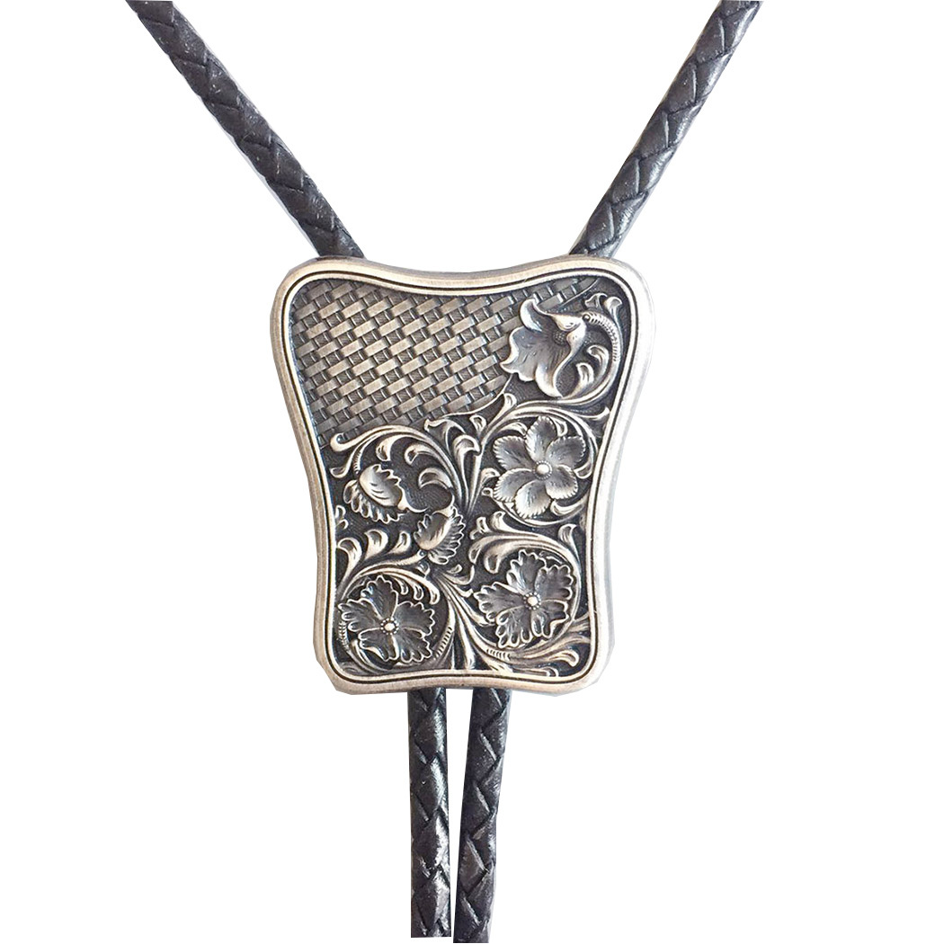 Vintage Silver Carved Flower Western Cowboy Cowgirl Bolo Tie BOLOTIE-023