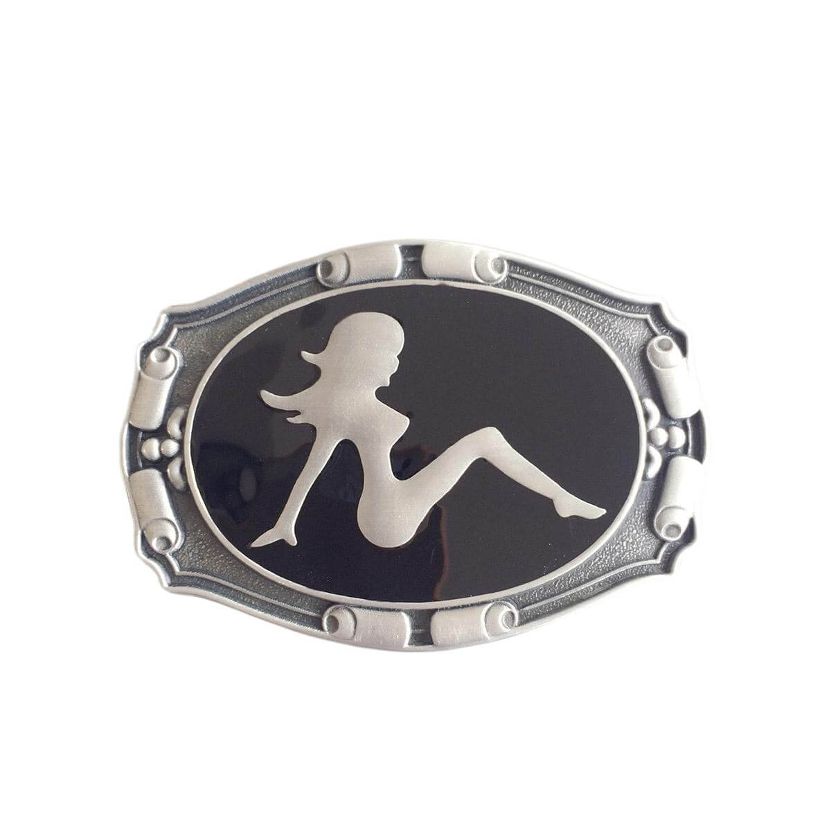 Antique Silver Truck Mud Flap Girl Enamel Belt Buckle also Stock in the US BUCKLE-CA024
